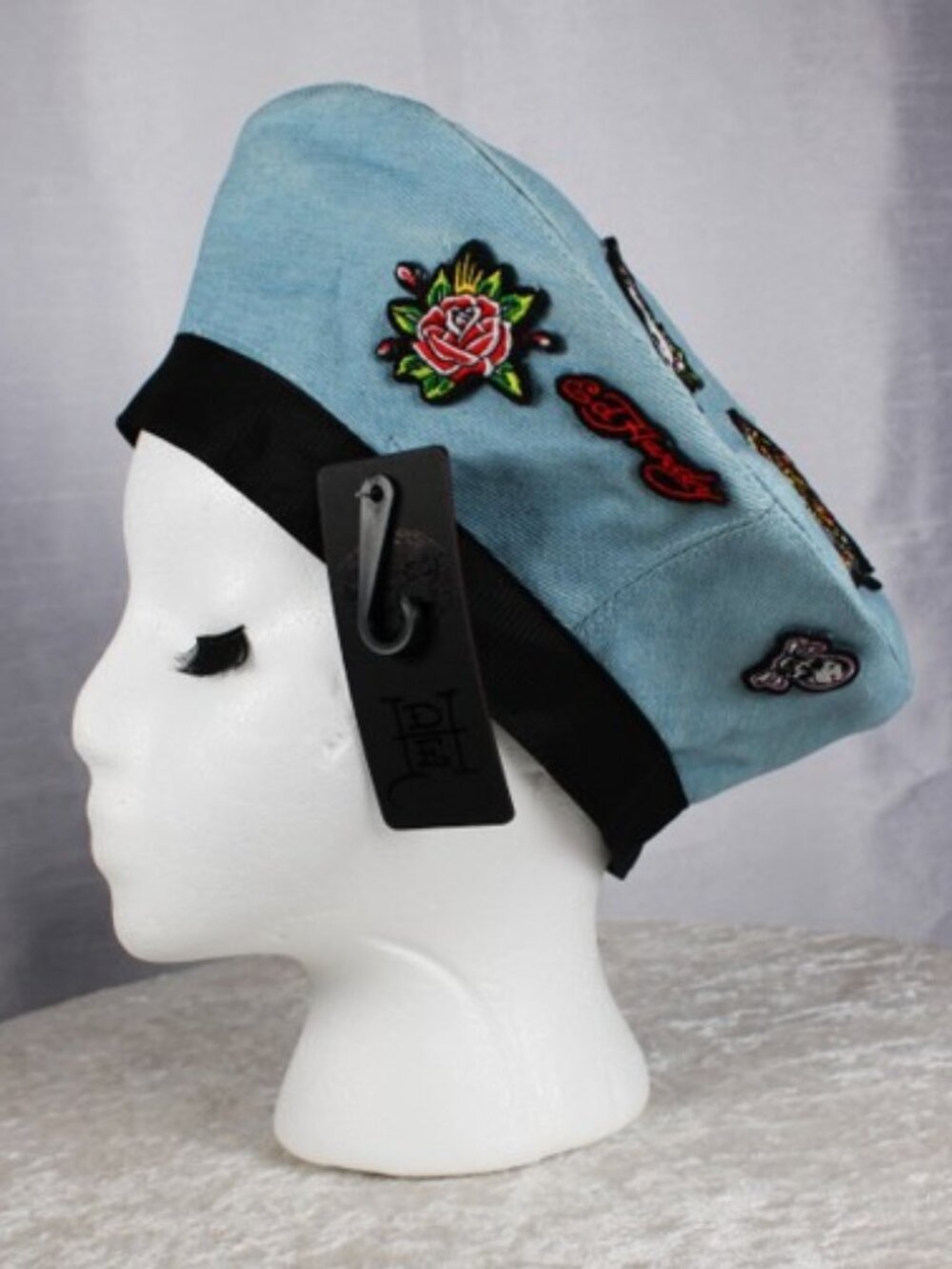 Ed Hardy Light Blue Denim Beret Tattoo Patch Hat Skull Tiger Rose Y2K NWT